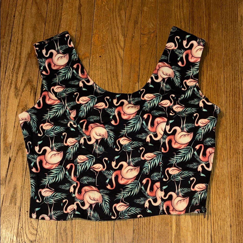 Royal Mink Tropical Flamingo Print Fitted Crop Top with Side Zipper